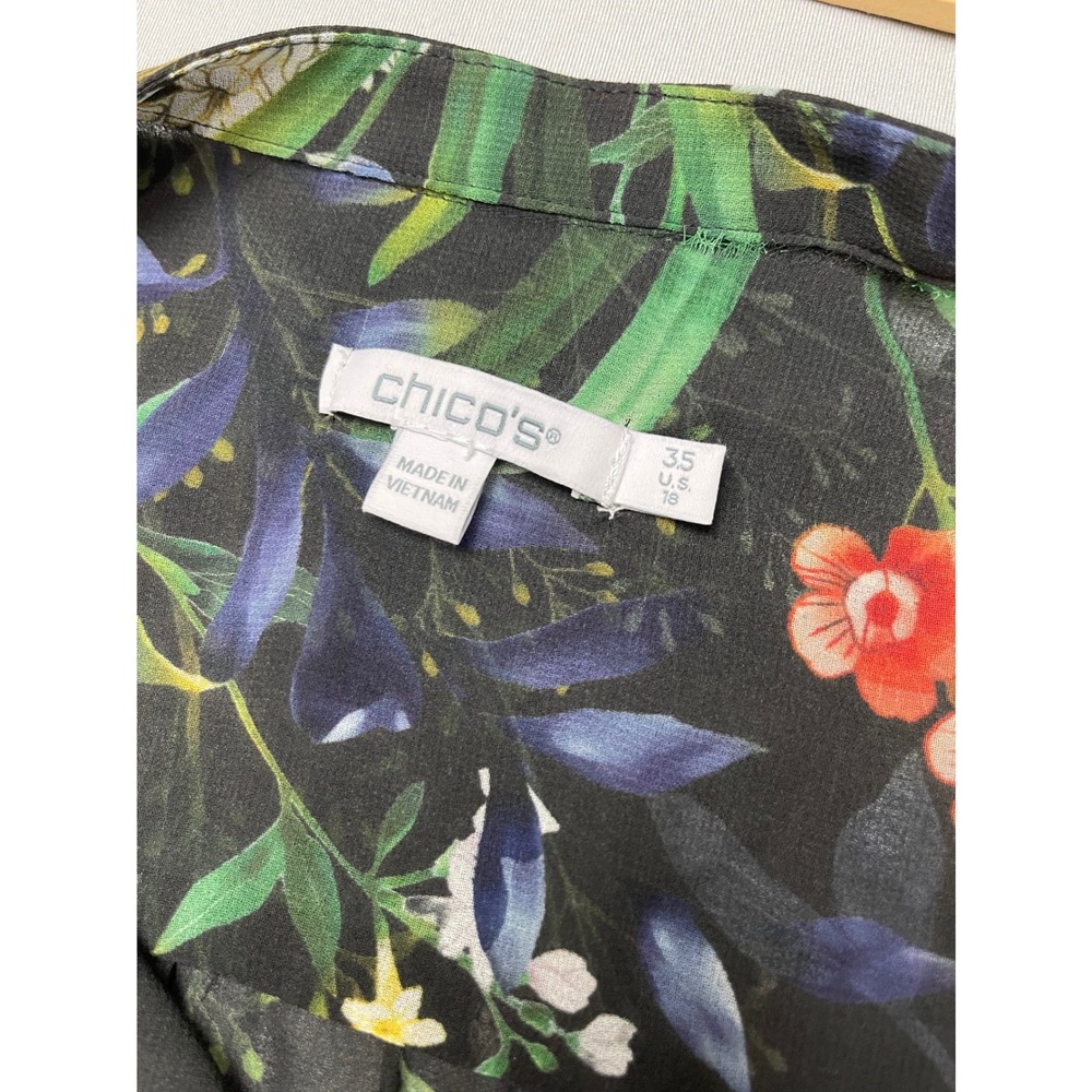Chicos Black Floral Chiffon Blouse Tassel Tie Ruffle Sleeve Top Size 3.5 US 18 - Picture 3 of 10
